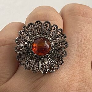 DGS Sterling silver 925 filigree, amber flower ring size 9 Turkey QVC